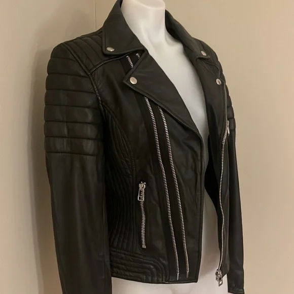 (NWT) Goosecraft Dual Zip Leather Black Biker Jacket, Medium